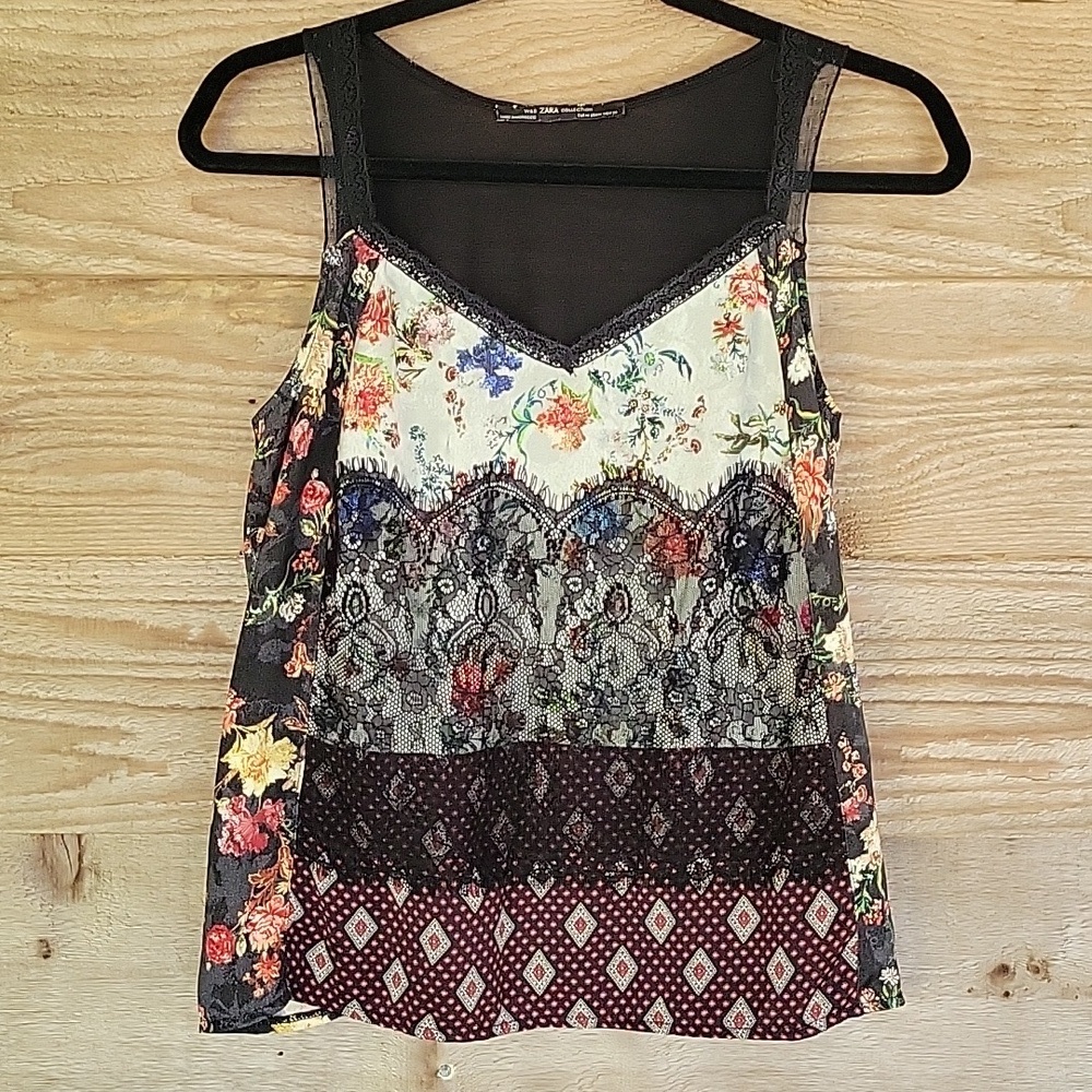 Zara Size Medium Black Multicolor Patchwork Camisole